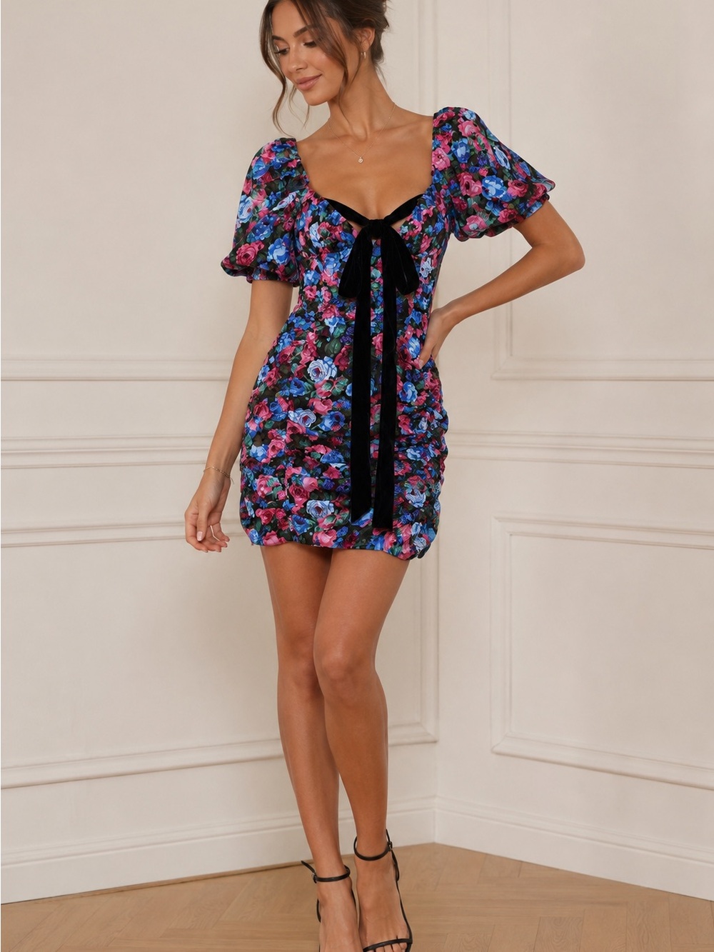 NWT For Love & Lemons XS Floral Puff Sleeve Velvet Bow Mini Dress